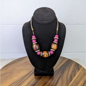 Beautiful Wooden Statement Necklace Pink and Brown Wooden Beads